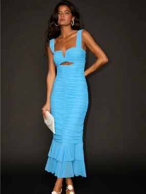 Lulu's Aelara Turquoise Mesh Ruched Trumpet Midi Dress
